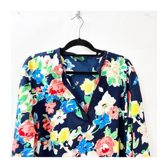 Lauren Ralph Lauren Split‑Neck Floral Tunic Blouse 3X Plus Women Navy Multicolor - Picture 3 of 9